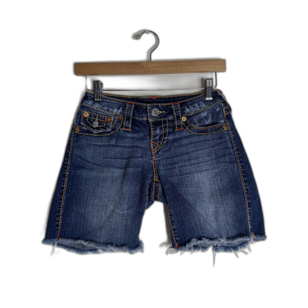 True Religion Shorts Womens 24 Blue Denim Raw Hem Distressed Cutoff Mid Rise y2k